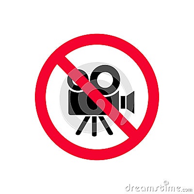 No video cameras allowed. No recording red prohibition sign. No video Vector Illustration