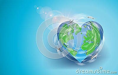 No war banner. Day of peace.Earth in shape of heart with sunlight and flying airplaines. Vector Illustration