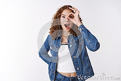 No way awesome. Portrait thrilled amused surprised charming young college girl ginger curly-haired freckles acne prone Stock Photo