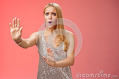 No wow slow down. Portrait freak-out displeased woman hear unpleasant suggestion step back extend arms self-defense Stock Photo