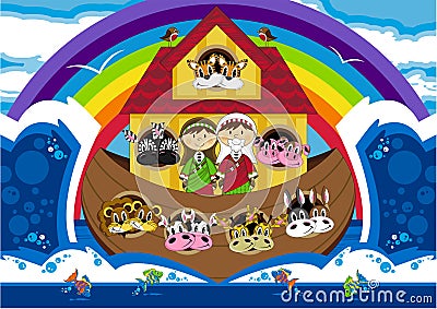 Noah and the Ark with Animals Vector Illustration