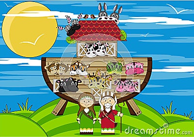 Noah and the Ark with Animals Vector Illustration