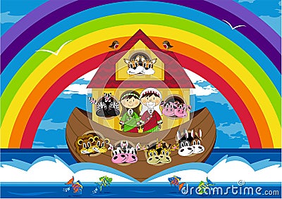 Noah and the Ark with Animals Vector Illustration