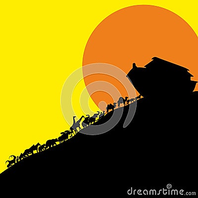 Noah and the ark and the animals. Silhouette, hand drawn. Vector Illustration