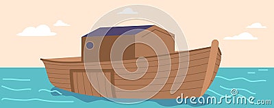 Noah Ark Surrounded by Water under Clear Sky. Great Ship for Salvation of Mankind. Cartoon Vector Illustration Vector Illustration