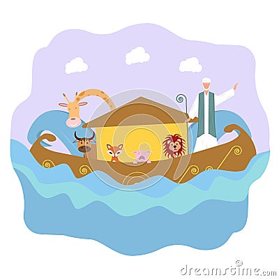 Noah is carrying animals in the ark. Noah`s Ark. Bible story design concept. Colorful vector illustration Stock Photo