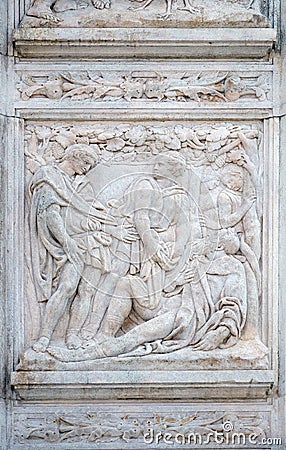 The Noah elation, relief on portal of Saint Petronius Basilica in Bologna Editorial Stock Photo