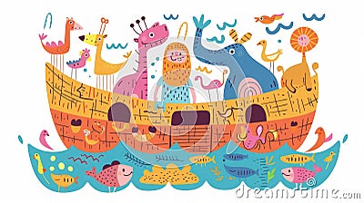 Noah and his family guide a diverse array of animals on the ark as they navigate a lively and colorful flood Stock Photo