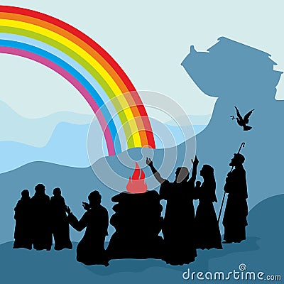 Noah and his family see a rainbow - a symbol of God`s covenant Vector Illustration