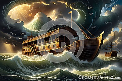 Noah's Ark as a Colossal Vessel Afloat Amidst the Churning Stormy Great Flood Waters, Dramatic Light Piercing Through the Stock Photo