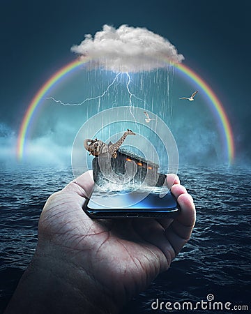 Noah`s Ark Bible Story on a cellphone Stock Photo