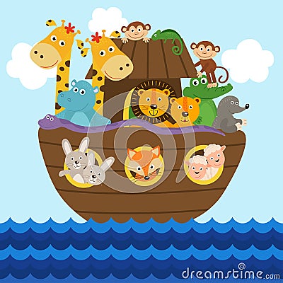 Noah`s ark full of animals aboard Vector Illustration