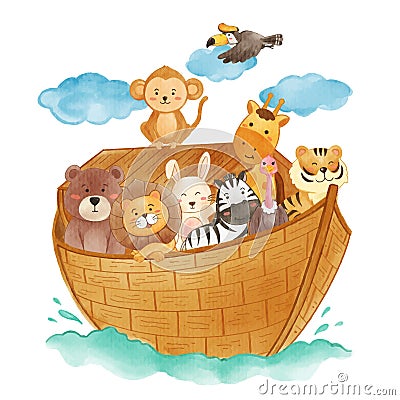 Noah 's ark with many wildlife animals . The flood concept . Vector Illustration