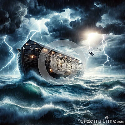 Noah s ark under the storm. Noah s Ark on streams, under the storm and the lightnings of the universal flood. Stock Photo