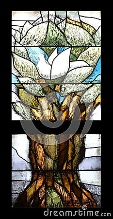 Noah`s dove, Hope, stained glass window in Chapel in Oberstaufen, Germany Stock Photo