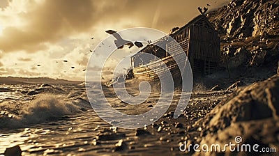 Noah's Ark, animals in the storm, bad weather, rain, sea, boat flood mountain, biblicaly history. bird dove religion Stock Photo