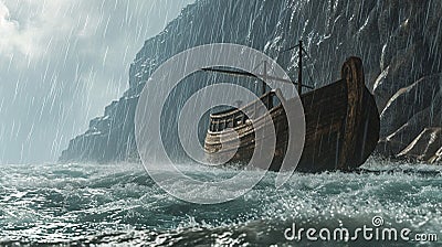 Noah's Ark, animals in the storm, bad weather, rain, sea, boat flood mountain, biblicaly history. bird dove religion Stock Photo