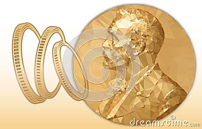 Nobel Economy award, gold polygonal medal and coins symbol Vector Illustration