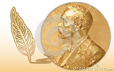 Nobel Literature award, gold polygonal medal and pencil symbol Vector Illustration