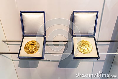 Nobel Peace Prize in UN Vienna Austria on white background. Horizontal orientation. Editorial Stock Photo