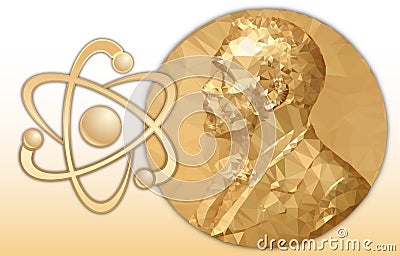 Nobel Physics award, gold polygonal medal and atom structure Vector Illustration