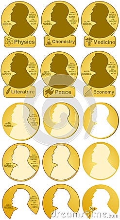 Nobel prizes in Physics, Chemistry, Medicine, Literature, Economic, Peace. Vector Illustration