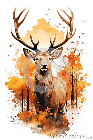 Noble Deer male in autumn snow forest Stock Photo