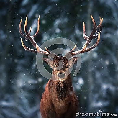 Noble deer male in winter snow forest. Square image Stock Photo