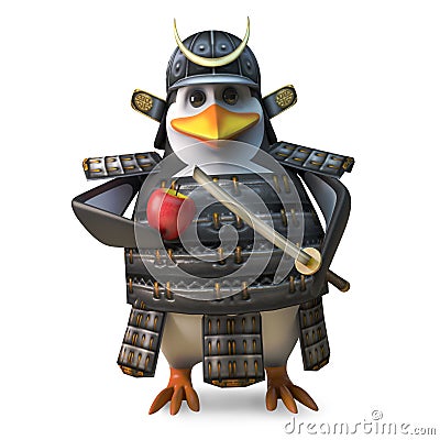 Noble Japanese samurai penguin warrior about to chop his apple with mighty katana sword, 3d illustration Cartoon Illustration