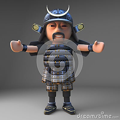 Noble Japanese samurai warrior with arms outstreched for hug, 3d illustration Cartoon Illustration