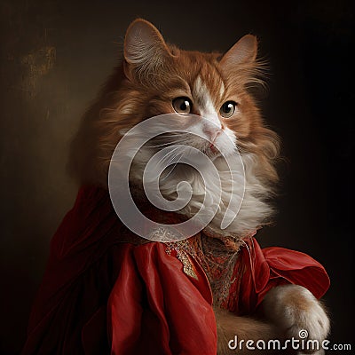 Noble Medieval Cat, Imitation of Van Dyck, Proud Cat in a Red Cloak, Generative AI Illustration Stock Photo