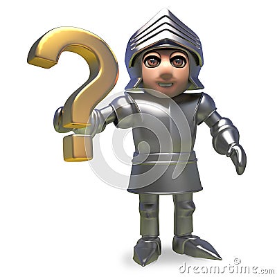 Noble medieval knight in armour holding a gold question mark symbol, 3d illustration Cartoon Illustration