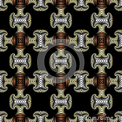 Noble seamless pattern with golden, silver and bronze decorative elements on black background Vector Illustration