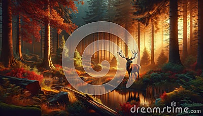 Noble Stag by the Tranquil Forest River at Sunrise: A Splendid Creature Awakes with the Day Stock Photo