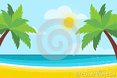 Nobody under the palm tree on Seashore. Time to travel. Tropical summer holidays. Seaside landscape. Flat. V Vector Illustration