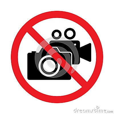 No photography camera and video record sign, Taking pictures and recording not allowed, Prohibition symbol sticker for area places Vector Illustration