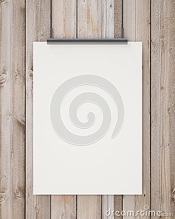 Nock up blank white hanging poster on vertical wooden planks wall, background Stock Photo