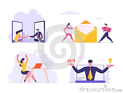 Noctidial Customer Support, Business Agreement, Work Satisfaction, Email Digital Marketing Online Communication Set Vector Illustration