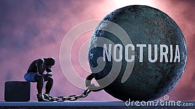 Nocturia and an alienated suffering human. A metaphor showing Nocturia as a huge prisoner's ball bringing pain and keepi Stock Photo