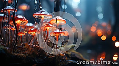 Nocturnal Enchantment: Close-Up of Mushrooms in the Forest at Night Stock Photo