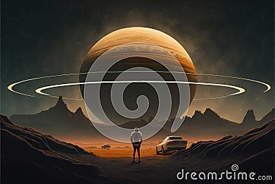 A nocturnal landscape depicts a man standing on a vintage car, gazing at a planet with rings adorning the horizon. Fantasy concept Stock Photo