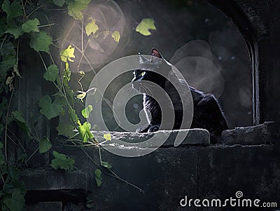 Nocturnal Serenade: Cat's Enchanting Encounter in the Moonlit Grove Stock Photo