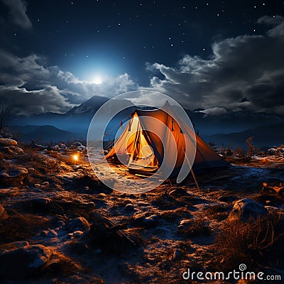 Nocturnal shelter Tent stands amidst darkness, a haven under the starry sky Stock Photo