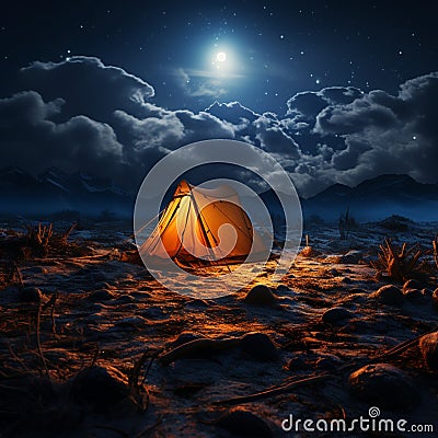 Nocturnal shelter Tent stands amidst darkness, a haven under the starry sky Stock Photo