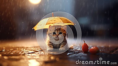 Nocturnal Whiskers, A Kitten with Yellow Umbrella in Rainy Cityscape Stock Photo