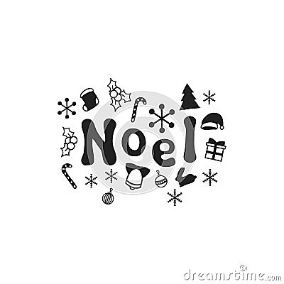 Noel. Christmas calligraphy phrase. Handwritten brush seasons lettering. Xmas phrase. Hand drawn design element. Happy Vector Illustration