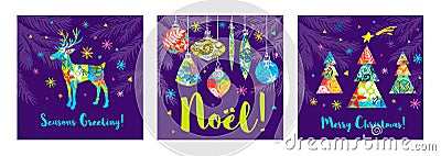 Noel lettering seasons greeting card. Merry Christmas tree branch colorful deer decor. New Year ornamental decoration Vector Illustration