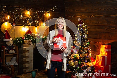 Noel. Pleasant moments. Christmas joy. Woman wooden interior christmas decorations garland lights. Christmas tree Stock Photo