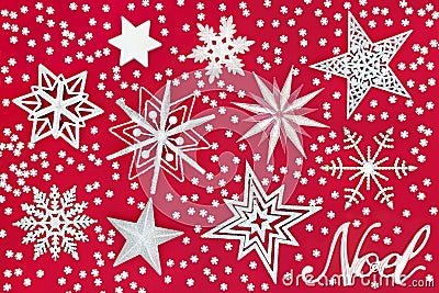 Noel Sign with Star and Snowflake Decorations Stock Photo