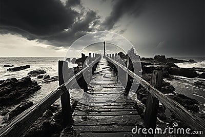 Noir coastal scene, Fishing jetty depicted in evocative black and white tones Stock Photo